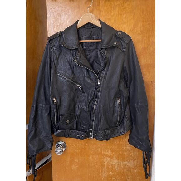Nasty Gal Real Leather Biker Motorcycle Jacket Fringe Buckle Belt Moto Sz M - Picture 4 of 9